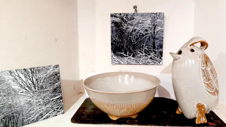 Céramiques de mag et photos de MAB dans une niche. Exposition au Carrouège décembre 2025